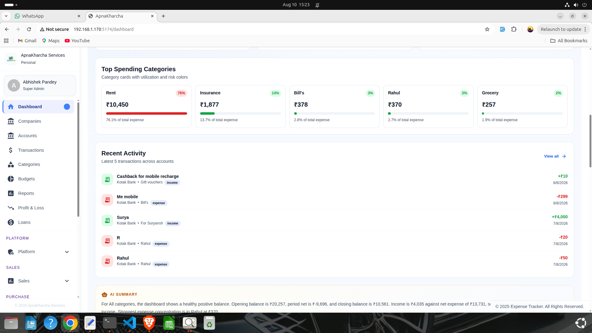 ApnaKharcha Personal Finance Dashboard